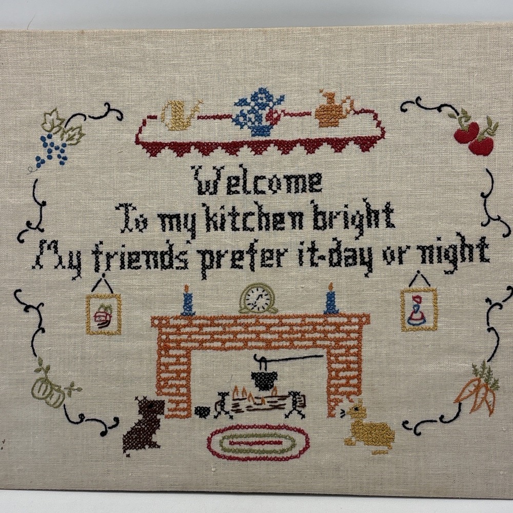 Vintage  Needlework Rustic Primitive Wall Decor Country 1950"s 12x16"